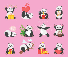 Cartoon panda bears do various activities on a pink background