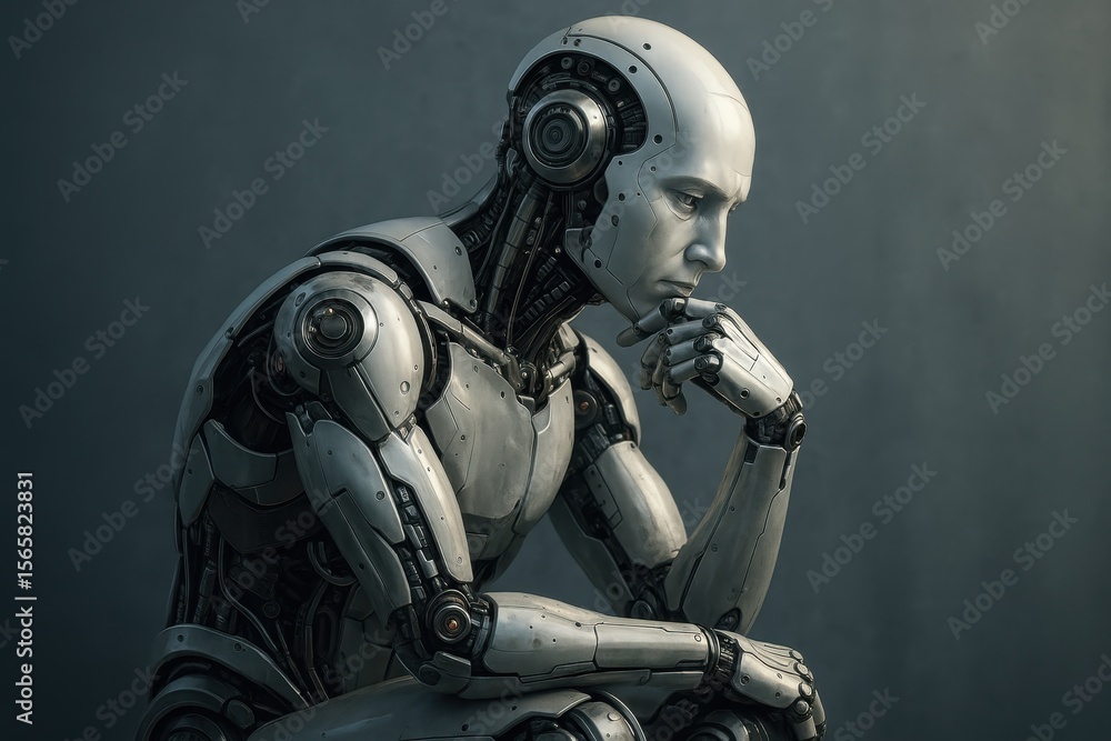 Poster contemplative humanoid robot in thoughtful pose considering future artificial intelligence possibili