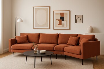 Contemporary coral sectional sofa in modern living room with artistic gallery wall display