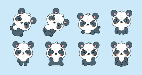 Eight cute panda bear illustrations with distinct poses and expressions set against a light blue background © Neko funny