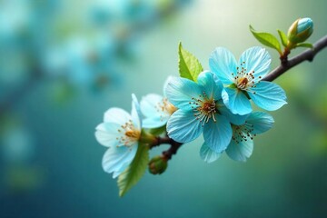 Fototapeta premium Vibrant teal colored spring blossoms on a blossoming branch, soft focus background, fresh, new growth, springtime freshness , close-up, background, bloom