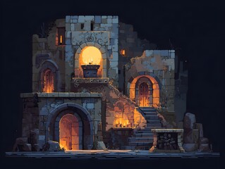 Mysterious Ancient Ruins at Night: An illustration of ancient stone ruins at night, lit by a warm firelight, showcasing intricate architectural details and mysterious atmosphere.