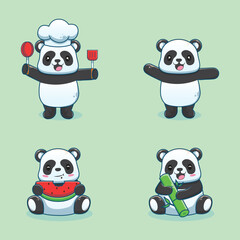 Four cartoon pandas chef with tools open arms watermelon bamboo on a green background