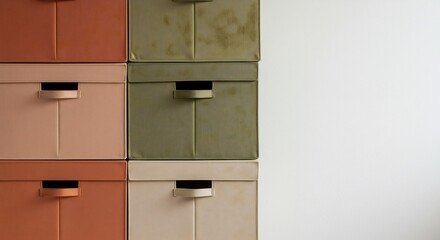 Stacked Fabric Storage Boxes in Earth Tones Against White Wall