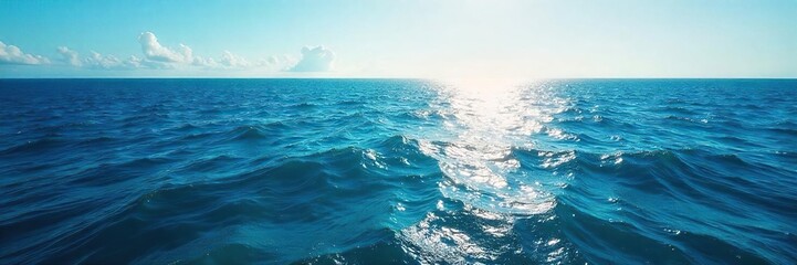Vast, deep blue ocean stretches to the horizon, sunlight reflecting on the waves, creating a mesmerizing scene of endless expanse , environment, sky