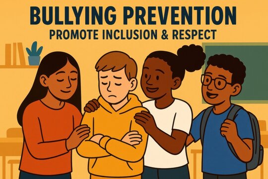 Educational anti-bullying campaign illustration promoting kindness and respect in school environment