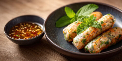Fresh vegetable stuffed rice paper rolls garnished with mint leaves served with spicy dipping sauce on wooden table