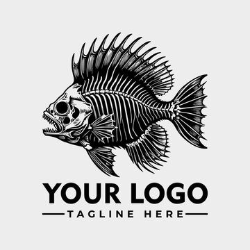 Illustration of a fish skeleton with detailed bones and fins, presented as a logo design.