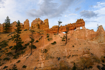 Scenic ridgeline at twilight with beautiful orange rock formations and ponderosa pine trees, Mossy Cave Trail, Bryce Canyon National Park, Utah
