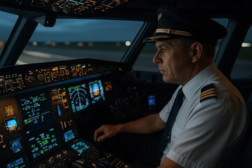 Commercial airline cockpit with experienced pilot monitoring advanced flight control systems during takeoff