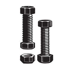 Black and white illustration of a bolt set with screws and nuts