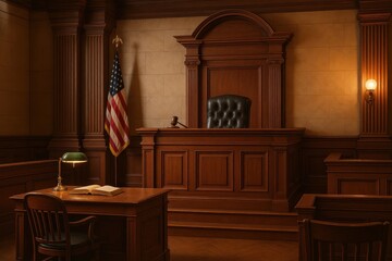 Constitutional law courtroom with mahogany judge's bench and American flag representing justice and legal authority