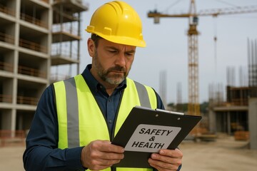 Construction site supervisor reviewing safety protocols while wearing protective helmet and high-visibility gear