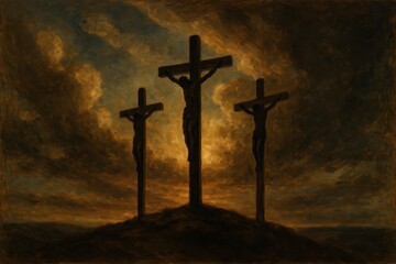 Sacred oil painting depicting three crosses on Calvary hill representing crucifixion in traditional religious art style
