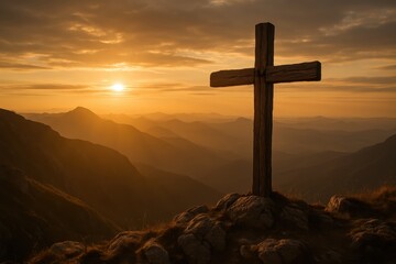 Sacred wooden cross silhouetted against dramatic sunset sky on peaceful mountain summit
