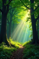 Sunlight dappled through the ancient trees of a lush, green forest, creating a magical atmosphere Explore the serene beauty of nature's tranquility in this captivating woodland scene , moss, ground