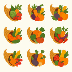 Cornucopia harvest baskets with fruits and vegetables