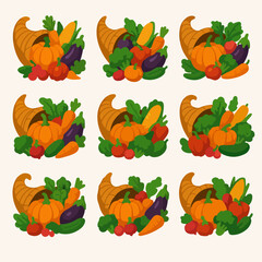 Cornucopia with autumn harvest fruits and vegetables