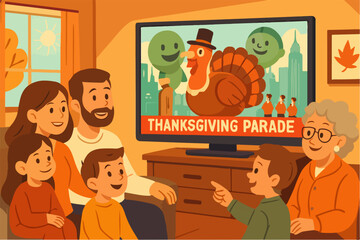 Family watching Thanksgiving parade on television together