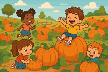 Kids playing in pumpkin patch autumn harvest fun