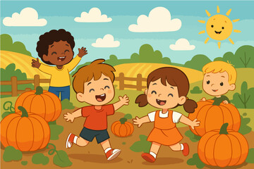 Kids playing with pumpkins in a fall harvest field