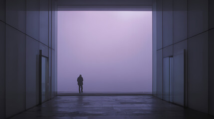 Obraz premium editorial feature on silence and solitude | washed violet-gray | architectural framing | window facing slow time | silent footstep imprint | pigment displacement | invisible resonance