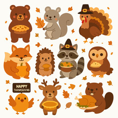 Thanksgiving animals with pies and pumpkins autumn harvest