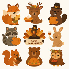 Thanksgiving animals with pumpkins and autumn harvest