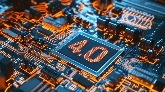 macro image of a powerful microchip labeled 4.0 mounted at the center of an advanced printed circuit board, extreme close-up composition, central processor dominating the frame