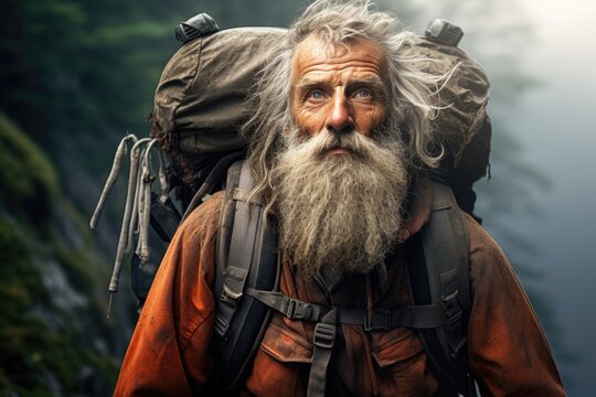 Old man with long white beard and gray hair wearing backpack. Concept of adventure and wilderness travel. For nature and outdoor lifestyle.