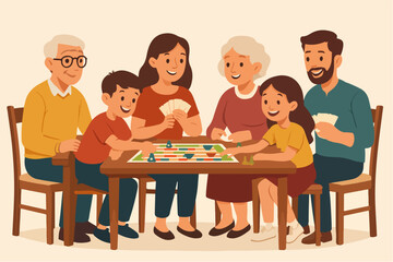 Family game night: grandparents, parents, and children playing
