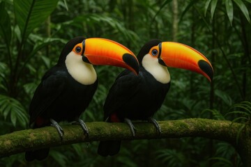 Fototapeta premium Colorful toucan pair perched on natural branch in pristine Amazon rainforest habitat