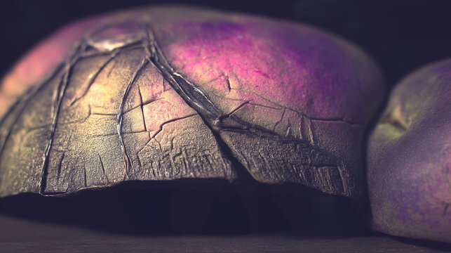 A bruised violet-green fruit skin splits into intricate cracks and fibers - Generative AI 