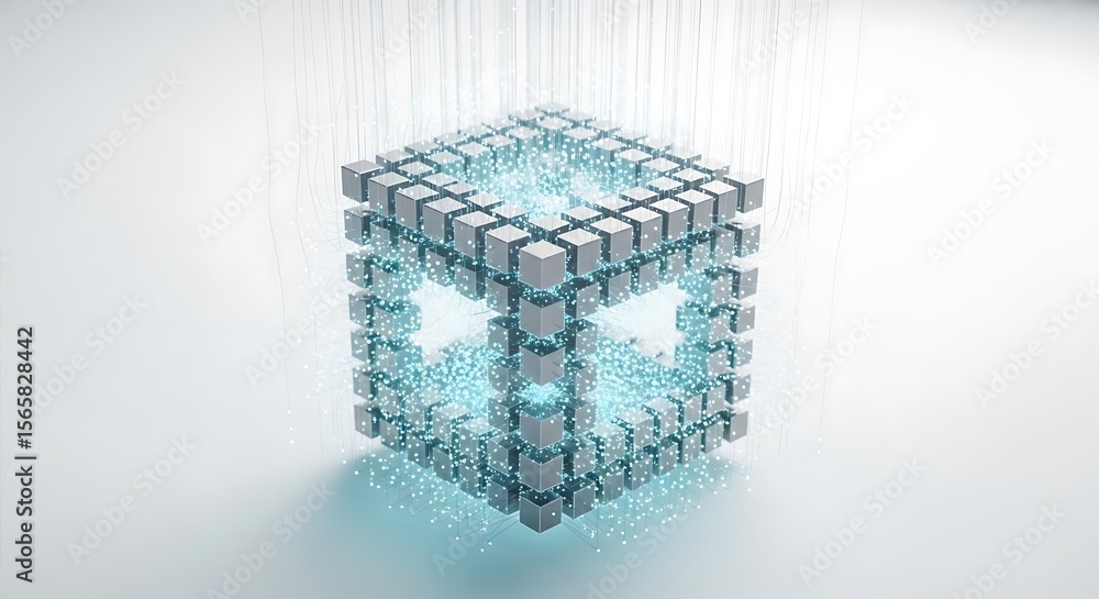 Poster a glowing cube composed of smaller cubes, with light beams emanating from it.