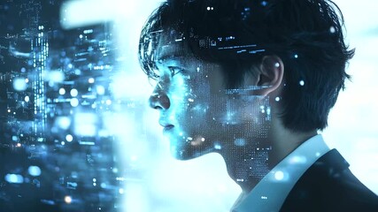 Futuristic double exposure of a thoughtful businessman with digital HUD graphics, representing artificial intelligence and big data analysis AI analytics, business - Powered by Adobe