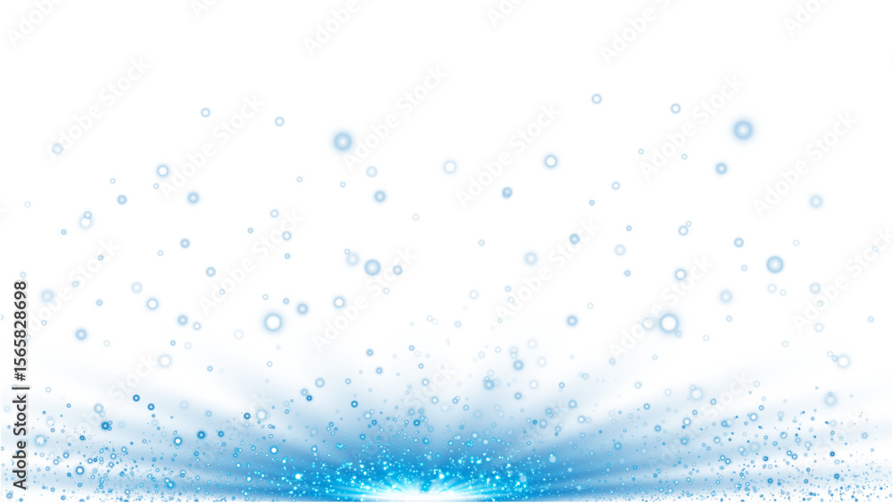 Poster vibrant blue particle explosion with radiating light and floating bokeh elements. ideal for festive 