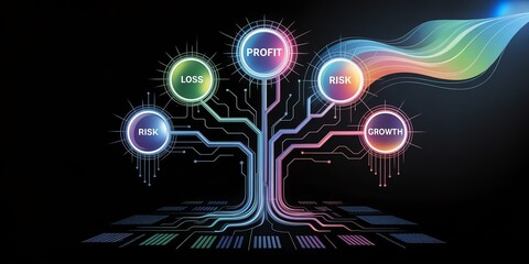 Abstract digital tree diagram with glowing circles representing profit, risk, loss, and growth on dark background.