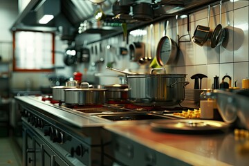 Detail of the interior of a restaurant kitchen at work  Pasta kettle 8 drainers  Italian restaurant