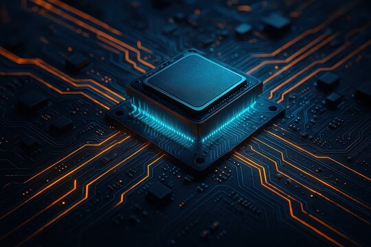 Illuminated motherboard with electric blue LED traces and futuristic processor architecture