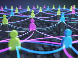 Colorful human figures connected by glowing lines, representing digital communication and networking over a city.