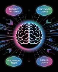 Colorful digital brain illustration representing innovation, thought patterns, creativity, and abstract thinking.