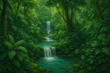 Obraz premium Lush tropical paradise with cascading waterfalls and exotic vegetation canopy