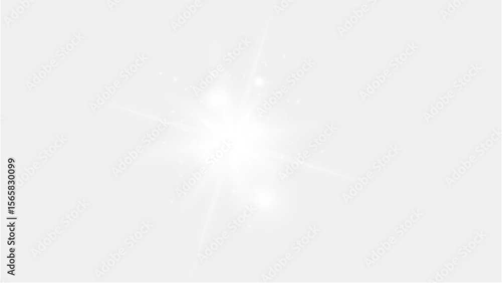 Poster brilliant white starburst lens flare with sharp rays and glittering particles, perfect for adding in