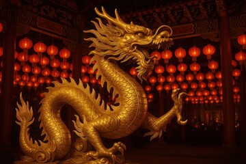 Obraz premium Magnificent Chinese dragon sculpture surrounded by glowing red lanterns during Lunar New Year celebration in traditional temple courtyard