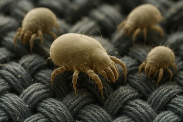 Macro photography of dust mites on fabric surface showing microscopic detail for educational and scientific documentation