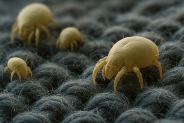 Macro photography of dust mites on fabric surface showing microscopic detail for educational and scientific documentation