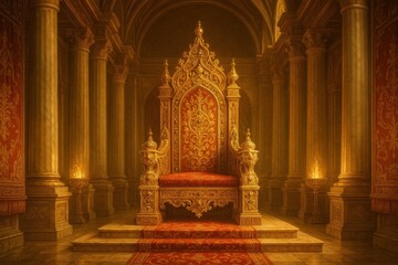 Majestic golden throne room with ornate royal furniture and elaborate architectural details fit for ancient royalty and ceremonial occasions