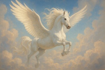 Majestic white pegasus with flowing mane and wings soaring through celestial clouds in fantasy realm