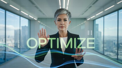 Confident professional interacts with virtual optimize interface in modern office.