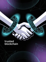 Digital handshake concept symbolizing secure blockchain agreement with futuristic elements.